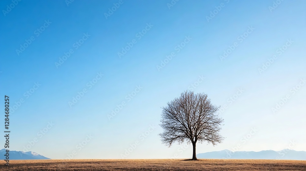 Poster lonely bare tree on a hilltop with a clear blue sky and mountains in the background on a sunny day :