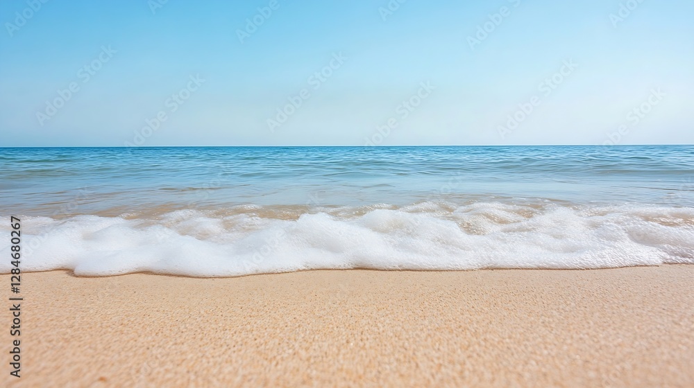 Poster tranquil beach scene with gentle waves lapping at the shore under a clear blue sky : generative ai