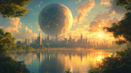 A futuristic city with towering buildings, a large planet in the sky, surrounded by water in broad daylight. The blue sky and bright sun symbolize progress, innovation, and harmony with nature