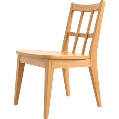 A wooden chair with a simple design featuring a slatted back and tapered legs.