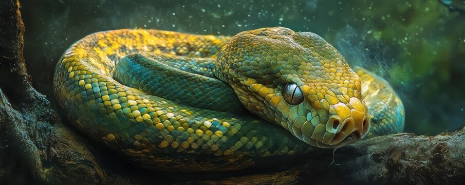 Captivating green and yellow snake coiled on tree in lush forest environment