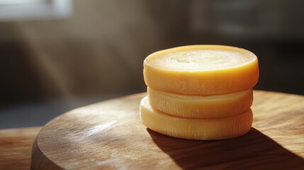 A stack of gourmet handmade soap loaves made with natural ingredients like beeswax and cheese.