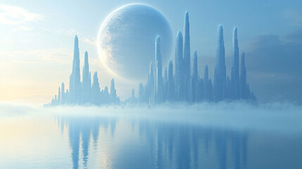 A futuristic city with towering buildings, a large planet in the sky, surrounded by water in broad daylight. The blue sky and bright sun symbolize progress, innovation, and harmony with nature