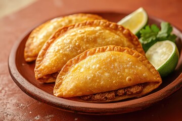 Golden Brown Empanadas with Lime Wedges on Rustic Plate