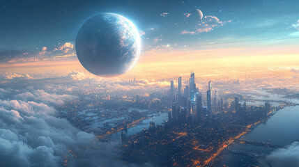 A futuristic city with towering buildings, a large planet in the sky, surrounded by water in broad daylight. The blue sky and bright sun symbolize progress, innovation, and harmony with nature