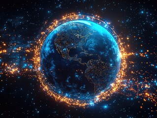 Obraz premium A graphical representation of the Earth with digital connections, possibly symbolizing global connectivity through technology and internet.