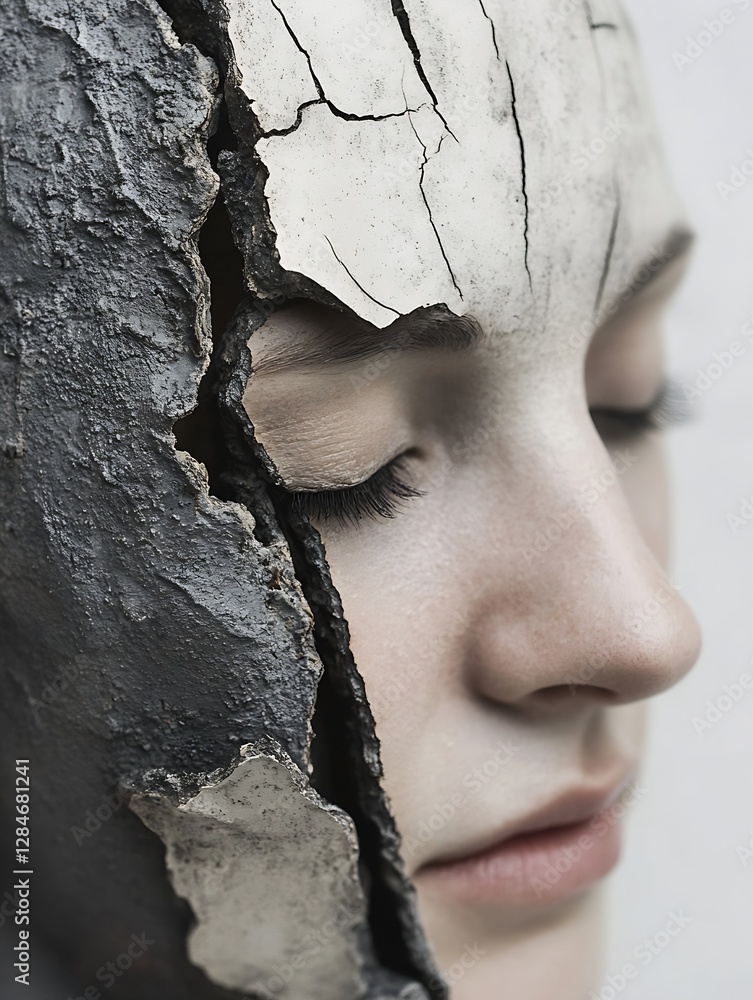 Poster Abstract Portrait of a Woman with Cracked Surface Representing Emotion and Vulnerability : Generative AI