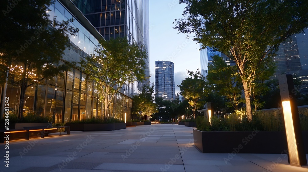 Poster urban green space surrounded by tall buildings enhancing city life with trees and paved pathways : g