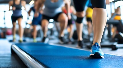 Group of individuals exercising vigorously on treadmills in a bright fitness studio promoting an active lifestyle : Generative AI