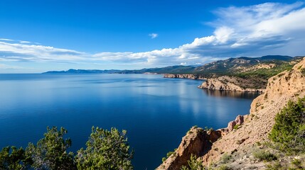 Fototapeta premium Breathtaking Coastal View of a Calm Sea with Beautiful Rocky Cliffs Under a Clear Blue Sky : Generative AI