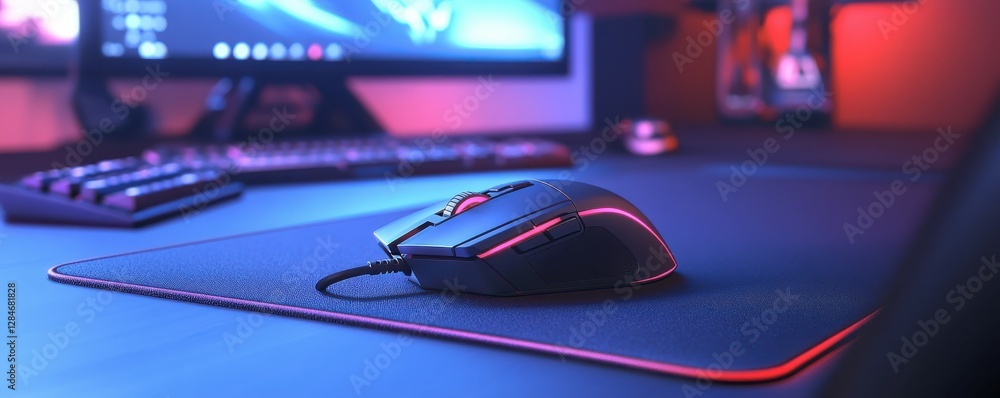 Poster gaming mouse and keyboard on rgb lit desk in modern setup