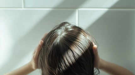 Naklejka premium Hair loss evident in a person examining their thinning hair in a bright bathroom. Featuring self-awareness and care