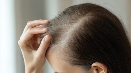 Naklejka premium Hair loss evident in a person inspecting their thinning hairline in front of a bedroom mirror. Featuring self-awareness and concern