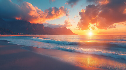 A stunning Cape Town sunset over Camps Bay Beach with Table Mountain and the Twelve Apostles in the background, capturing beauty, tranquility, and nature’s grandeur.

