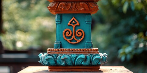 This stone pillar showcases traditional Buddhist symbolism and craftsmanship. Its intricate design suggests it was once part of a sacred structure or monument.