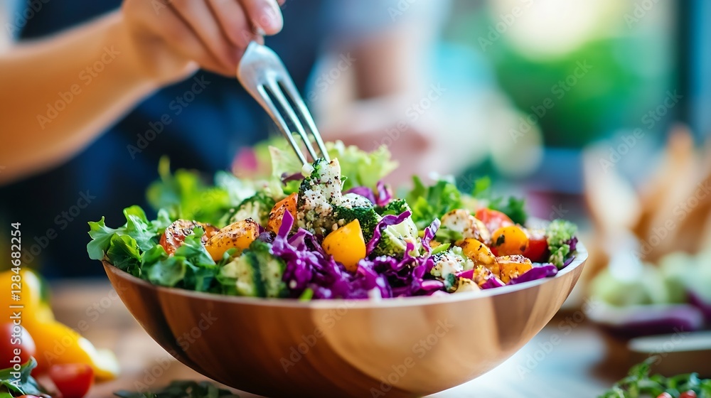 Poster fresh and vibrant mixed salad being prepared with colorful vegetables in a wooden bowl : generative 