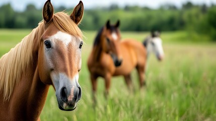 Obraz premium Close up view of a beautiful horse with stunning coat and blurred horses in background on a sunny day : Generative AI