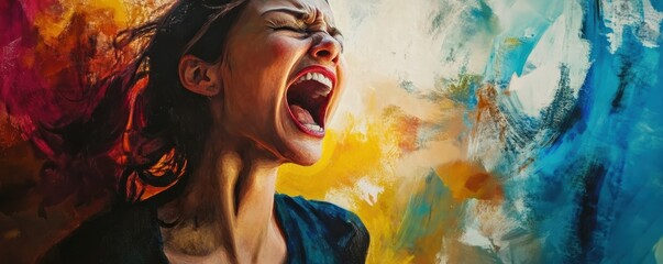 Expressive painting of woman screaming against colorful abstract background