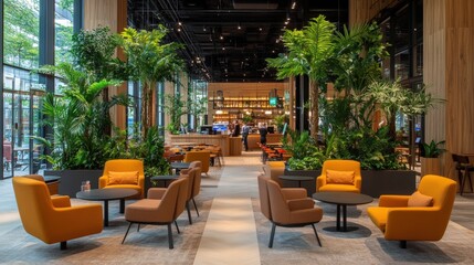 Fototapeta premium Modern lounge interior with plants and seating in vibrant atmosphere