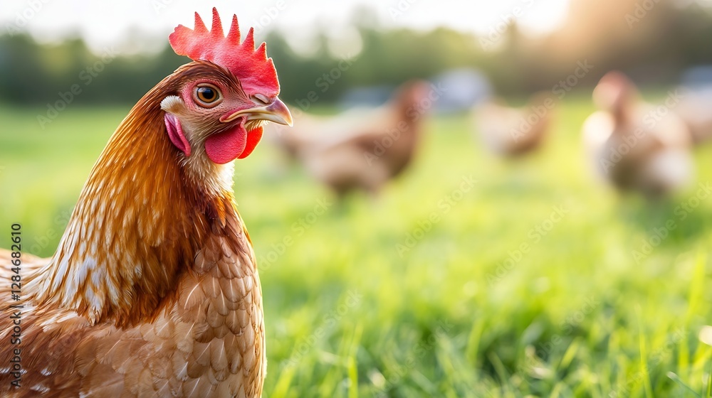 Poster close up of a brown chicken with vibrant feathers standing on a lush green field with other chickens