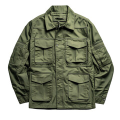 Green Military Jacket with Multiple Pockets Isolated on Transparent Background