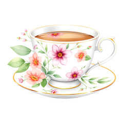 A delicate floral teacup filled with warm tea, accompanied by a matching saucer, showcasing intricate designs of pink flowers and green leaves.