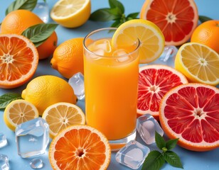 Fresh citrus juices displayed with colorful fruits and ice for a refreshing summer drink