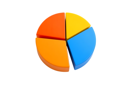 Colorful 3D pie chart divided into four segments isolated on a white or transparent background