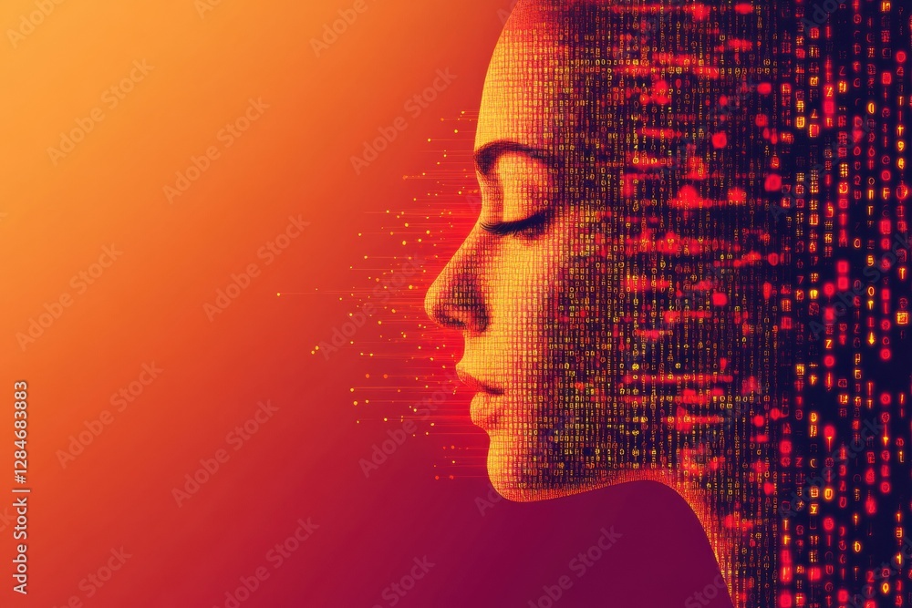 Aufkleber Human face outline blending into flowing binary data illustrates futuristic AI concept of identity and technology integration. Generative AI