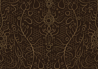 Hand-drawn unique abstract symmetrical seamless gold ornament on a dark brown background. Paper texture. Digital artwork, A4. (pattern: p13-2a)