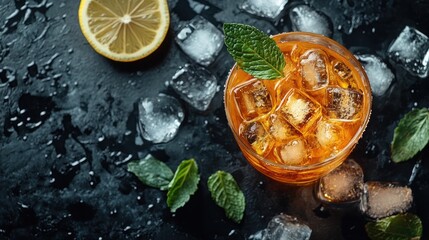 Fototapeta premium Iced tea drink with lemon and mint on dark background
