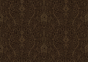 Hand-drawn unique abstract symmetrical seamless gold ornament on a dark brown background. Paper texture. Digital artwork, A4. (pattern: p13-2b)