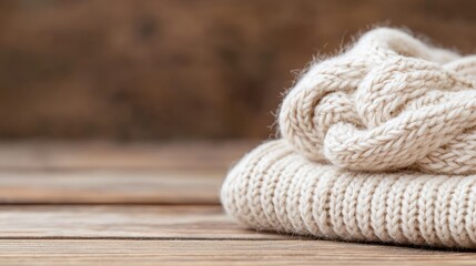 Cozy cream sweaters on rustic wood. Autumn fashion