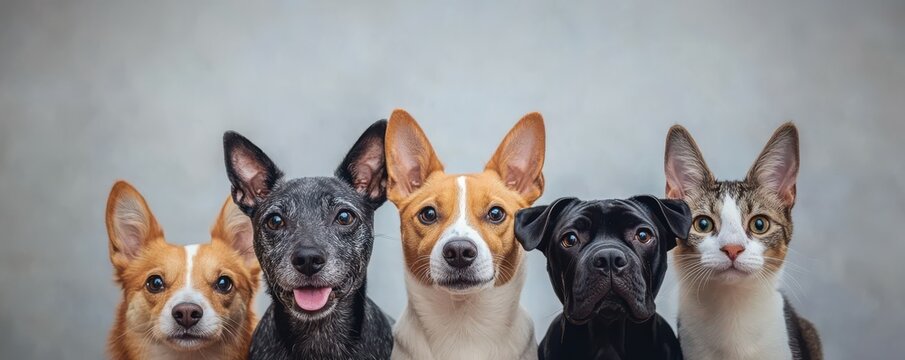 Group of diverse dogs and cat facing forward with curious expressions