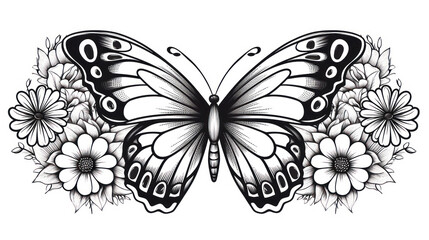 Butterfly and flower black-and-white coloring page for kids Print it on 85x11 inch paper