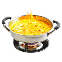 A Pot of Soup with a Glowing Bright Yellow Flame from a Gas Stove Isolated on Transparent Background
