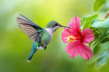 Naklejka premium Hummingbird in mid-flight approaching a bright pink flower