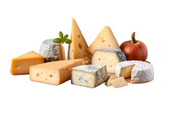 A set of five various cheeses, including Brie, cheddar, Swiss, blue cheese, and Gouda, isolated on a white and transparent background, png.