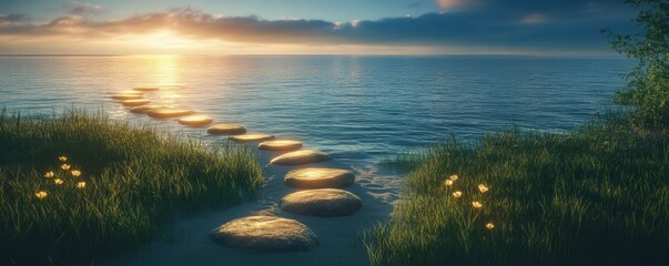 Sunset path with stones leading into tranquil ocean water surrounded by lush grassy shore