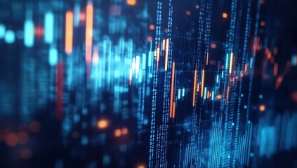 Abstract digital data visualization with dynamic charts and graphs in vibrant blue and orange hues.  Perfect for illustrating financial technology, big data, or market trends.