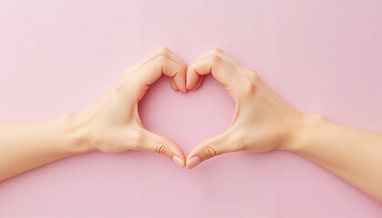 Fototapeta premium Hands forming heart shape against pink background