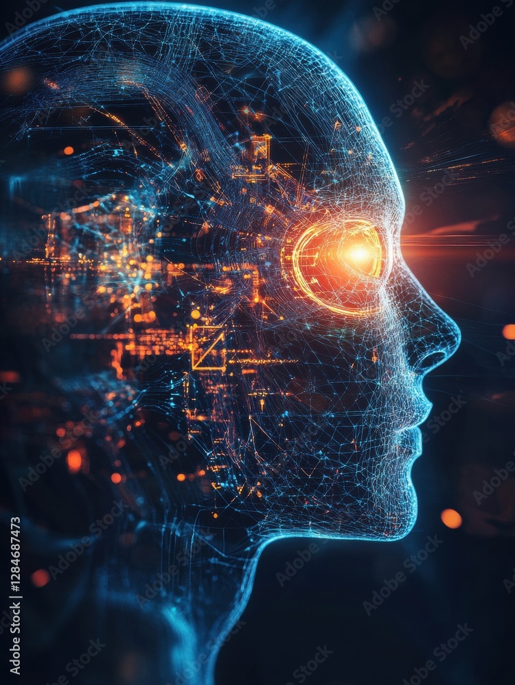 Poster Side profile view of a futuristic head with mechanical structures and a glowing robotic eye illustrating cybernetic enhancements. Generative AI