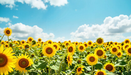 Obraz premium Sunflower field under bright blue sky