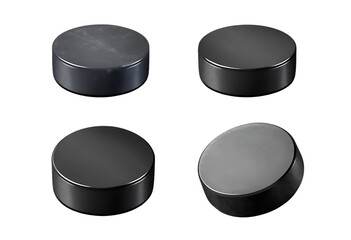 A set of six hockey pucks isolated on a white or transparent background, png.