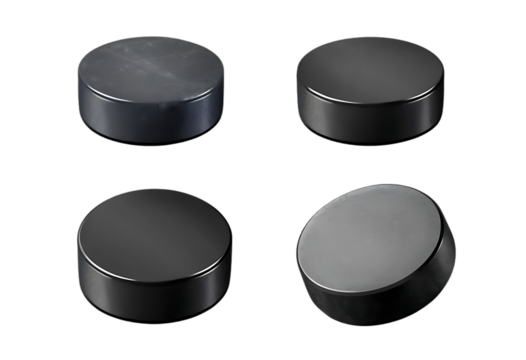 A set of six hockey pucks isolated on a white or transparent background, png.