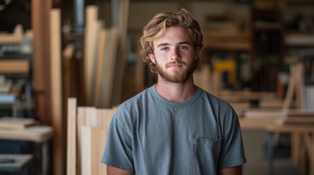 A young Australian male carpenter stands proudly in his workshop, showcasing his craftsmanship and dedication to the trade surrounded by wood and tools.