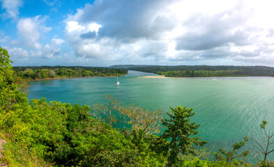 View of mouth of the Chagres river as it joins the Atlantic Ocean in front of the ruins of San...