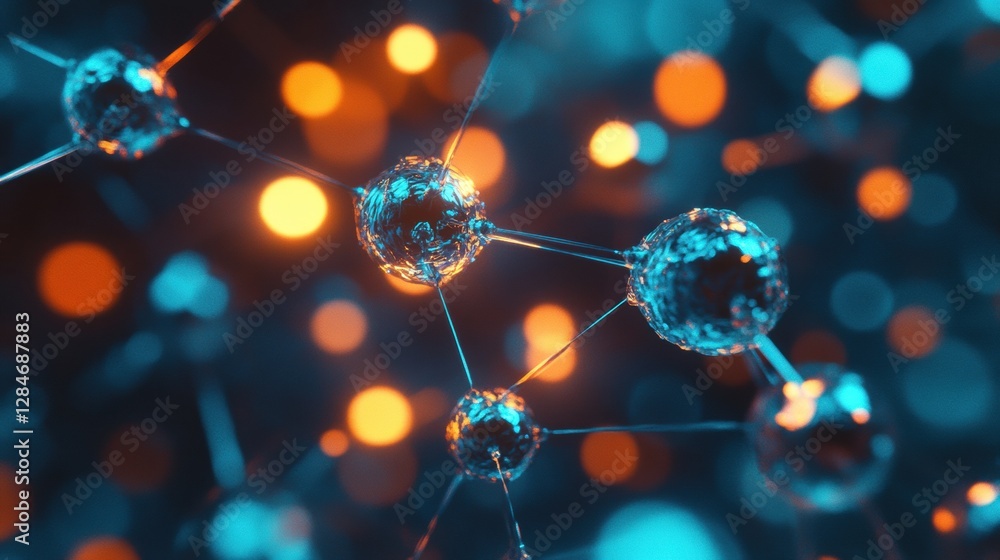 Poster Scientific visualization showcases glowing gas molecules in dynamic motion within an atomic structure. Generative AI