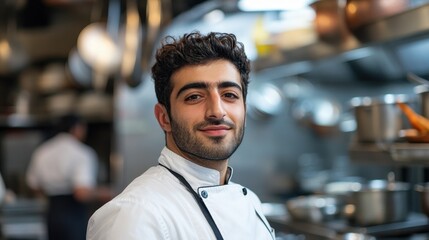 A young Middle Eastern male chef poses confidently in a bustling kitchen, showcasing his culinary skills and passion for food in a vibrant restaurant setting.