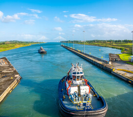 Naklejka premium Atlantic Ocean entrance to the Panama canal through the new (wider) locks at Agua Clara, near Colon, Panama